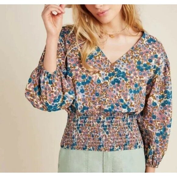 ANTHROPOLOGIE MAEVE Odette Smocked Blouse Size Small Floral 3/4 Sleeve V-Neck - Picture 1 of 10